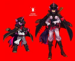 Size: 1280x1045 | Tagged: safe, artist:knifedragon, derpibooru import, twilight sparkle, twilight sparkle (alicorn), alicorn, anthro, human, clothes, eared humanization, gun, horned humanization, humanized, solo, tailed humanization, winged humanization