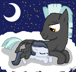 Size: 425x399 | Tagged: safe, artist:fifthcru5ader, derpibooru import, rumble, thunderlane, pegasus, pony, brothers, cloud, colt, cute, duo, male, moon, night, sleeping, stallion