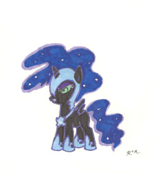 Size: 1225x1384 | Tagged: safe, artist:catscratchpaper, derpibooru import, nightmare moon, cute, filly, nightmare woon, solo, traditional art