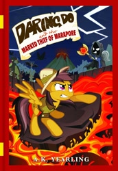 Size: 568x824 | Tagged: safe, derpibooru import, daring do, bat, bear, beaver, crow, rabbit, daring do adventure collection, book, book cover, daring do and the marked thief of marapore, g.m. berrow, lava, mind control, mojo, red eyes, red eyes take warning, volcano