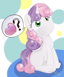 Size: 1250x1500 | Tagged: safe, artist:malwinters, derpibooru import, sweetie belle, messy mane, sitting, solo, speech bubble