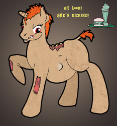 Size: 645x692 | Tagged: safe, artist:yenamuffin, derpibooru import, oc, oc only, oc:dinette, ghoul, pony, unicorn, fallout equestria, kicking, overdue, pregnant, reference sheet, solo