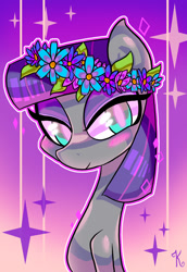 Size: 560x814 | Tagged: safe, artist:kaliptro, derpibooru import, maud pie, blushing, floral head wreath, smiling, solo