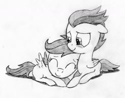 Size: 1563x1231 | Tagged: safe, artist:svetam, rumble, scootaloo, blushing, commission, cuddling, cute, eyes closed, female, floppy ears, male, monochrome, nuzzling, prone, rumbloo, shipping, smiling, snuggling, straight, traditional art