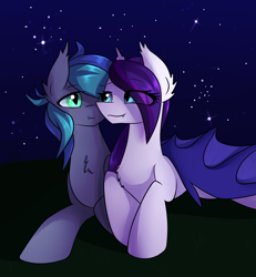 Size: 2400x2600 | Tagged: safe, artist:novabytes, oc, oc only, oc:sweet hum, oc:swift edge, bat pony, pony, couple, female, hug, lying down, male, night, starry night, stars, straight, sweetedge, winghug