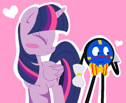 Size: 618x507 | Tagged: safe, artist:roselladoll1, twilight sparkle, twilight sparkle (alicorn), alicorn, pony, blush sticker, blushing, bowtie, crack shipping, crossover, crossover shipping, cute, don't hug me i'm scared, eyes closed, female, heart, mare, shipping, simple background, tony the talking clock, twiabetes, twiclock