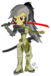 Size: 1244x1866 | Tagged: safe, artist:e-e-r, derpibooru import, daring do, equestria girls, crossover, equestria girls-ified, jetstream sam, konami, metal gear, metal gear rising, simple background, transparent background