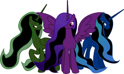 Size: 7287x4384 | Tagged: safe, artist:brisineo, derpibooru import, oc, oc only, alicorn, pony, fallout equestria, absurd resolution, alicorn oc, artificial alicorn, blue alicorn (fo:e), fallout, fanfic, fanfic art, female, hooves, horn, mare, purple alicorn (fo:e), raised hoof, simple background, solo, spread wings, transparent background, trio, unity, vector, wings