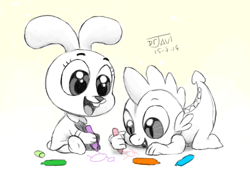 Size: 500x350 | Tagged: safe, artist:drjavi, derpibooru import, spike, dragon, rabbit, anais watterson, crayon, crossover, cute, drawing, markers, the amazing world of gumball, traditional art