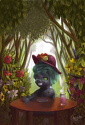 Size: 680x1000 | Tagged: safe, artist:chocolatesun, derpibooru import, changeling, flower, glass, hat, plate, solo, table, tree, uncanny valley