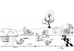 Size: 1024x702 | Tagged: safe, artist:squintsmcgee, angel bunny, gummy, opalescence, owlowiscious, tank, winona, black and white, grayscale, lineart, monochrome, pets, race, the tortoise and the hare