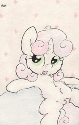 Size: 684x1080 | Tagged: safe, artist:slightlyshade, derpibooru import, sweetie belle, fluffy, lounging, solo, traditional art