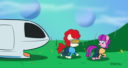Size: 1000x537 | Tagged: safe, artist:empyu, lily longsocks, twist, earth pony, pony, 30 minute art challenge, clothes, cosplay, costume, crossover, data, duo, geordi laforge, spaceship, star trek, type 8 shuttle