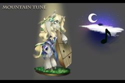 Size: 1024x683 | Tagged: safe, artist:anightlypony, derpibooru import, oc, oc only, oc:mountain tune, pony, unicorn, blonde, dulcimer, female, mare, musical instrument, solo