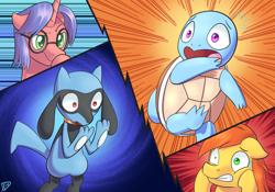 Size: 1000x700 | Tagged: safe, artist:paradigmpizza, oc, crossover, glasses, pokémon, riolu, squirtle