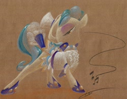 Size: 1280x998 | Tagged: safe, artist:getchanoodlewet, derpibooru import, sapphire shores, earth pony, pony, clothes, hat, hoof shoes, looking at you, mare, music notes, singing, solo, traditional art