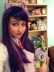 Size: 960x1280 | Tagged: safe, artist:ehherinn, derpibooru import, spike, twilight sparkle, twilight sparkle (alicorn), alicorn, human, cosplay, irl, irl human, photo, plushie, solo, spike plushie