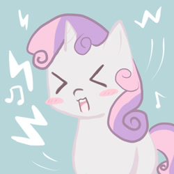 Size: 800x800 | Tagged: safe, artist:shouyu musume, sweetie belle, pony, unicorn, ><, blank flank, blush sticker, blushing, cute, diasweetes, eyes closed, female, filly, open mouth, pixiv, singing, solo