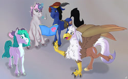 Size: 4000x2480 | Tagged: safe, artist:xonxt, oc, oc only, oc:digibrony, oc:silver quill, classical hippogriff, hippogriff, absurd resolution, analysis bronies, bronycurious, cigarette, comic book, gibbontake, group shot, hat, magic, non-pony oc, semi-realistic, smoking, telekinesis, tudor cap