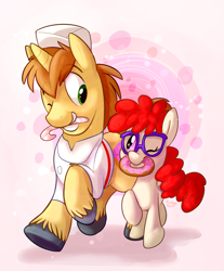 Size: 1400x1694 | Tagged: safe, artist:thedoggygal, derpibooru import, donut joe, twist, friendshipping, glasses