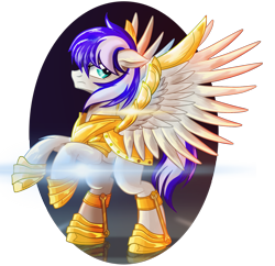 Size: 1586x1534 | Tagged: safe, artist:ruhisu, derpibooru import, oc, pegasus, pony, armor, commission, gold, male, rearing, royal guard, solar sentinal, soldier, stallion