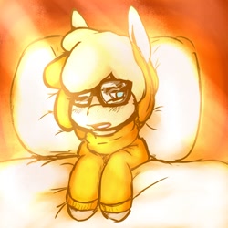 Size: 1280x1280 | Tagged: safe, artist:fu-do, oc, oc only, oc:punkin spice, bed, clothes, female, glasses, morning ponies, solo, sweater, waking