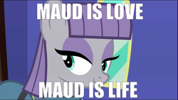 Size: 1280x720 | Tagged: safe, derpibooru import, maud pie, maud pie (episode), image macro, impact font, meme, shrek is love shrek is life, smiling, solo