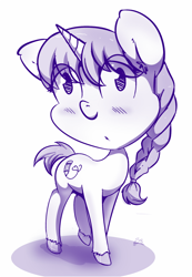 Size: 600x867 | Tagged: safe, artist:krucification, derpibooru import, oc, oc only, oc:doodle bug, pony, unicorn, blushing, monochrome, solo