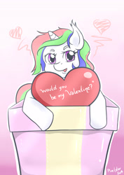 Size: 2893x4092 | Tagged: safe, artist:pixelstarpony, derpibooru import, oc, oc only, oc:pixelstar, pony, unicorn, box, heart, solo