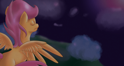 Size: 1600x853 | Tagged: safe, artist:nsslayer, derpibooru import, scootaloo, eyes closed, solo