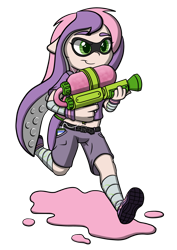 Size: 2893x4092 | Tagged: safe, artist:scramjet747, derpibooru import, sweetie belle, sweetie bot, human, pony, belly button, clothes, earbuds, female, future sweetie bot, gun, humanized, inkling, ipod, midriff, music player, nintendo, paint, parody, running, shorts, simple background, smiling, solo, splatoon, splattershot, transparent background