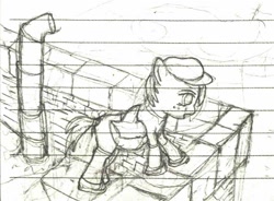 Size: 1140x839 | Tagged: safe, artist:ponescribbles, derpibooru import, babs seed, city, clothes, lined paper, monochrome, saddle bag, sketch, solo, traditional art