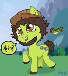 Size: 673x747 | Tagged: safe, artist:mcponyponypony, derpibooru import, bird, earth pony, pony, beard, cap, cute, game grumps, grumpabetes, hat, jacques, jontron, jontron thread, male, nostalgia critic thread, outdoors, ponified, solo, stallion