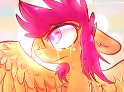 Size: 670x500 | Tagged: safe, artist:flamingantelope, derpibooru import, scootaloo, pegasus, pony, female, filly, gradient background, solo