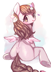 Size: 700x990 | Tagged: safe, artist:nitronic, derpibooru import, oc, oc only, anatomically incorrect, flower in hair, incorrect leg anatomy, looking back, pixiv, plot, sitting, solo, underhoof