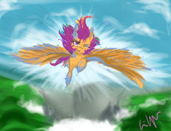 Size: 1300x1000 | Tagged: safe, artist:zakkurro, scootaloo, flying, scootaloo can fly, solo