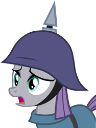 Size: 1509x2006 | Tagged: safe, artist:leapingriver, derpibooru exclusive, derpibooru import, maud pie, helmet, open mouth, pickelhaube, simple background, solo, stahlhelm, transparent background, vector, wide eyes, worried