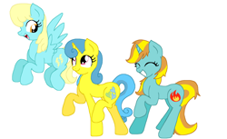 Size: 5360x3280 | Tagged: safe, artist:sketchstar-mids-sis, firecracker burst, lemon hearts, sassaflash, pegasus, pony, unicorn, female, flying, mare, smiling, trio, walking