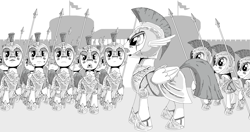 Size: 2764x1456 | Tagged: safe, artist:php104, derpibooru import, armor, hoplite, lineart, monochrome, soldier pony, spear