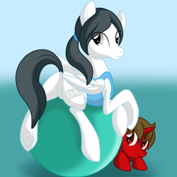 Size: 800x800 | Tagged: safe, artist:perfectpinkwater, derpibooru import, animal crossing, exercise ball, featureless crotch, plot, ponified, super smash bros., villager, wii fit trainer