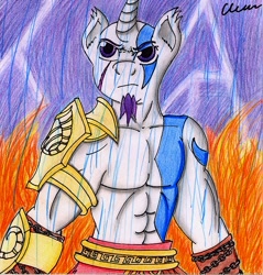 Size: 856x897 | Tagged: safe, artist:the1king, derpibooru import, oc, oc only, oc:azure night, anthro, anthro oc, cosplay, crossover, god of war, kratos, solo, traditional art