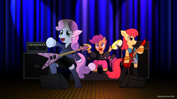 Size: 3448x1932 | Tagged: safe, artist:claireannecarr, apple bloom, scootaloo, sweetie belle, pony, band, bipedal, concert, cutie mark crusaders, drums, guitar, stage
