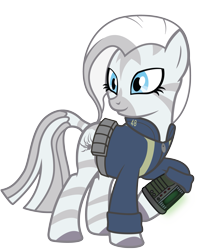 Size: 2845x3545 | Tagged: safe, derpibooru import, oc, oc only, oc:crystal eclair, cyborg, zebra, fallout equestria, fallout equestria: influx, clothes, fanfic, fanfic art, pip-boy, simple background, solo, terminator, transparent background, vault suit, zebra oc