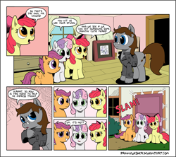 Size: 1500x1329 | Tagged: safe, artist:prinnywesker, derpibooru import, apple bloom, scootaloo, sweetie belle, oc, oc:sketch canvas, comic, cutie mark crusaders