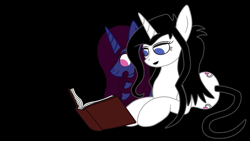 Size: 1024x576 | Tagged: safe, artist:thelordofdust, derpibooru import, oc, oc only, oc:maneia, oc:nocturna, pony, unicorn, book, obsession is magic, reading