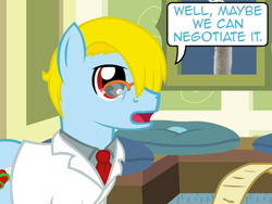 Size: 640x480 | Tagged: safe, artist:aha-mccoy, derpibooru import, oc, oc only, oc:tony starkehuf, earth pony, pony, nopony-ask-mclovin, clothes, doctor, glasses, lab coat, male, necktie, solo, speech bubble, stallion