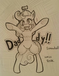 Size: 1008x1280 | Tagged: safe, artist:doubt, screwball, pony, bipedal, daddy discord, monochrome, solo, traditional art