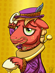 Size: 3000x4000 | Tagged: safe, artist:pirill, derpibooru import, big macintosh, earth pony, pony, 30 minute art challenge, alternate hairstyle, bling, clothes, earring, hat, male, necklace, pimp, pimp hat, solo, stallion