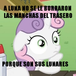 Size: 500x500 | Tagged: safe, derpibooru import, sweetie belle, pony, unicorn, twilight's kingdom, exploitable meme, female, filly, horn, image macro, meme, pun, solo, spanish, sudden clarity sweetie belle, text, translated in the comments, two toned mane, white coat, wide eyes