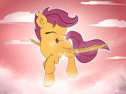 Size: 4000x3000 | Tagged: safe, artist:neko-me, scootaloo, absurd resolution, cloud, cute, cutealoo, eyes closed, flying, happy, scootaloo can fly, solo